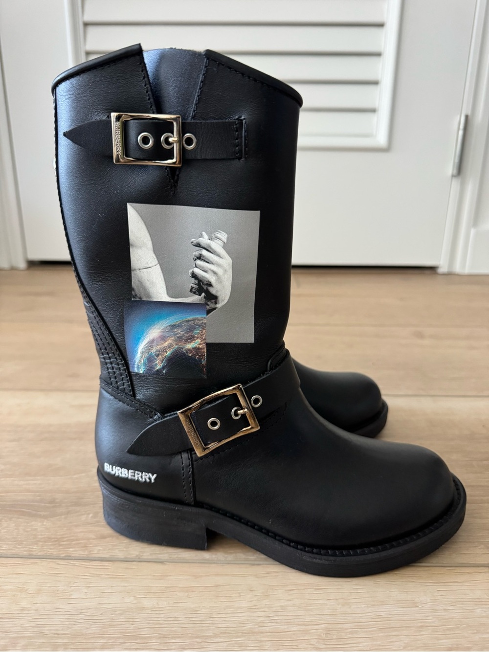 New Burberry Graphic Leather Moto Biker Boots Black Size 5 Rare $1400 EU35